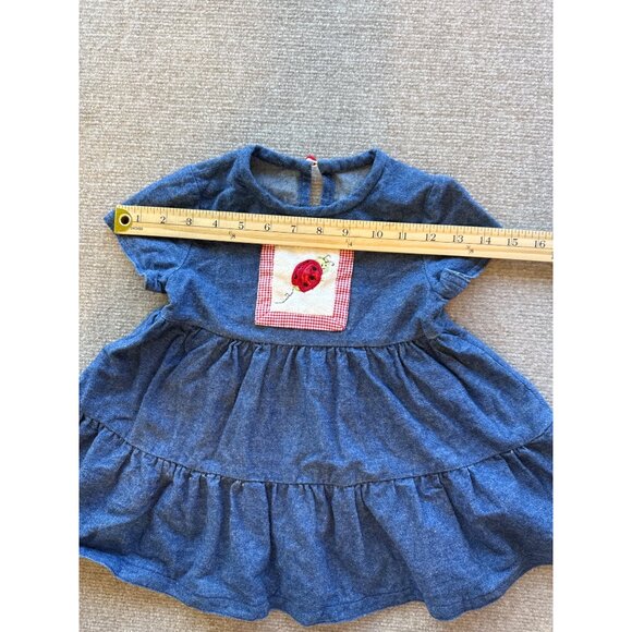 Blue Denim Baby Girl Dress Ladybug Patch & Gingham Detail Tiered Dress 12M - Picture 5 of 6